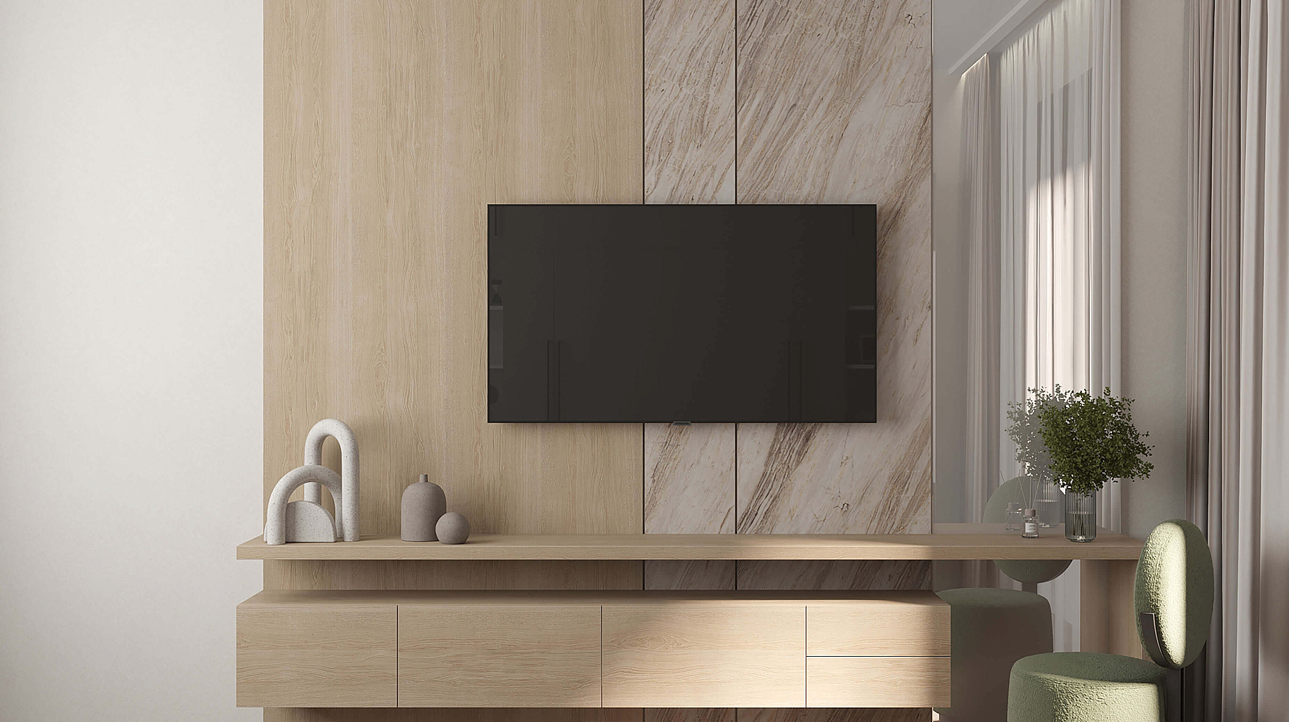 ТВ-зона служит стильным украшением интерьера с эффектной стеновой панелью под мрамор, сочетающейся с теплым древесным декором