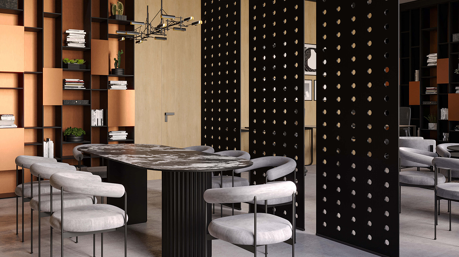 Перфорированные панели зонируют зону для переговоров, а стол с ярким природным рисунком внесет аутентичный облик