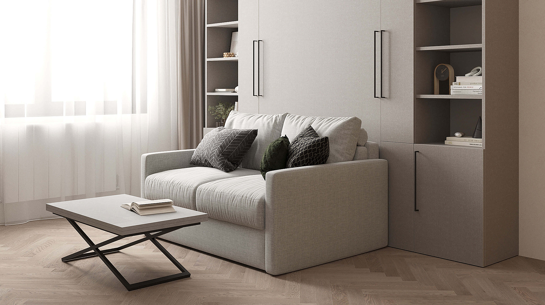 Кровать легко «прячется» в зоне хранения, и спальня превращается в гостиную